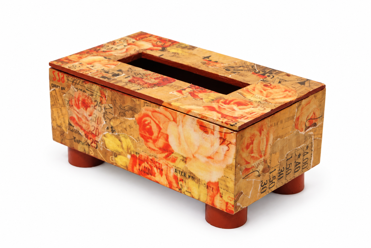 Yellow and orange decoupage tissue holder on white background – view two for table or shelf décor – hoWme