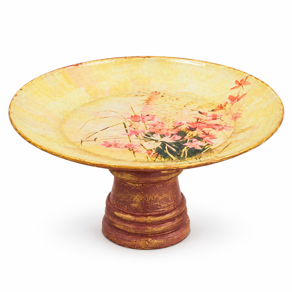 Yellow and red handcrafted wood and glass cake stand for table or shelf décor – hoWme